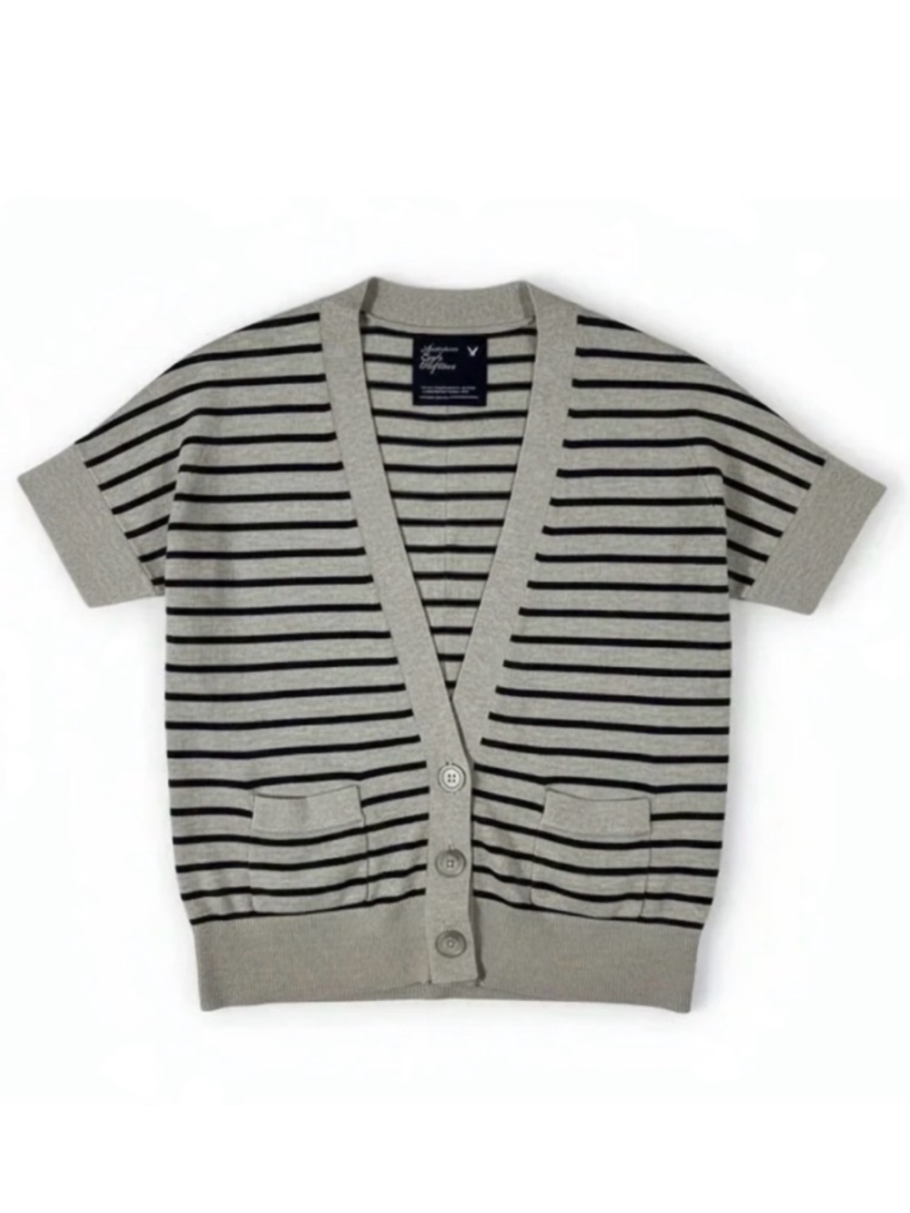 American Eagle Cardigan Sweater Gray Striped Knit Short Sleeve Preppy M